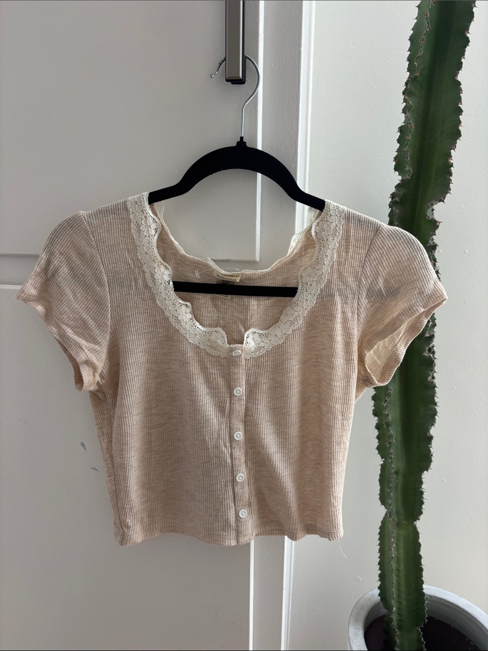 Lace-Trim Ribbed Button-Front Crop Top - Cream